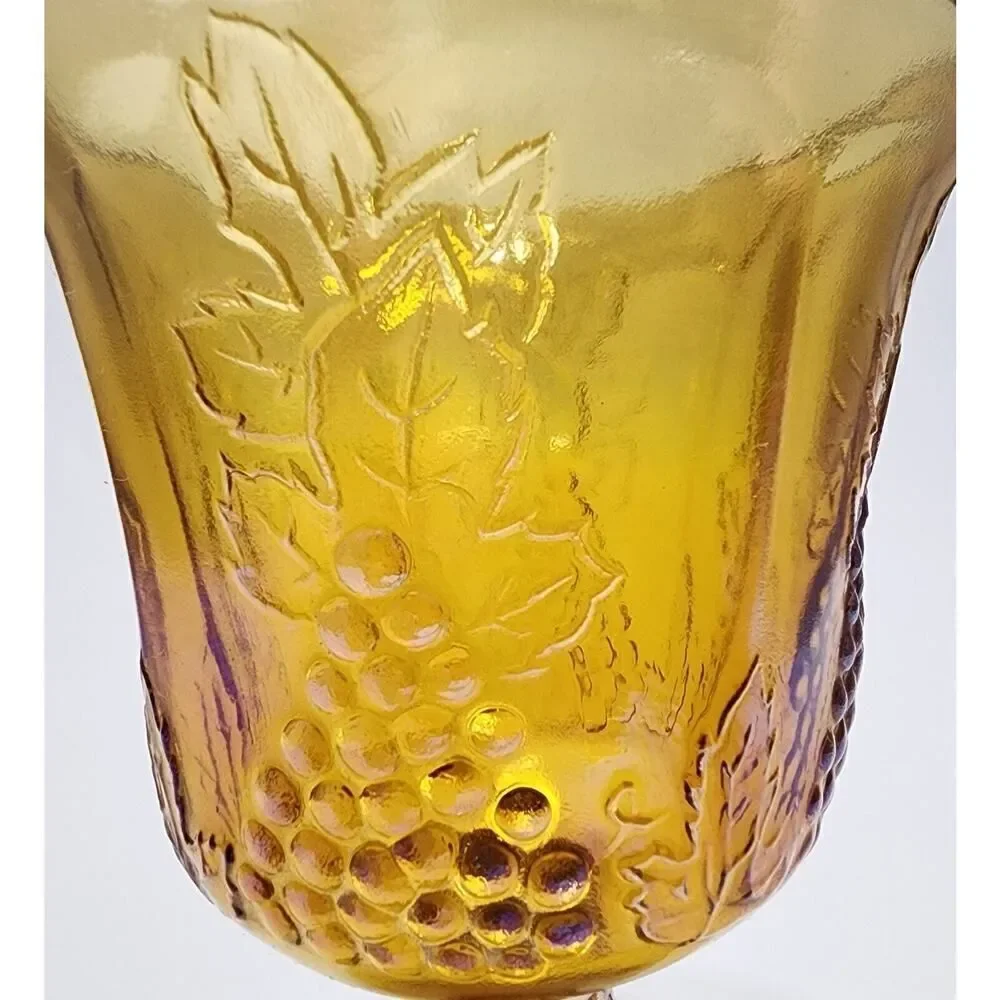 Vintage Gold 1970s Indiana Carnival Glass Goblet Harvest Grape Amber 5.25